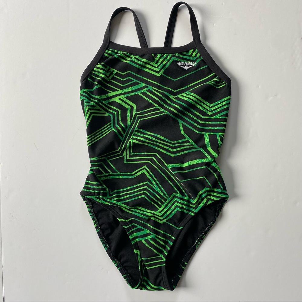 The Finals Swimsuit Size 26 Girls Size 8 One Piece Racer Back Green Black Geomet